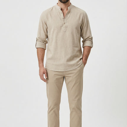 Men's Summer Shirt Linen Breathable Rolled-Up Sleeves