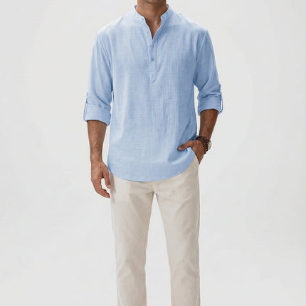 Men's Summer Shirt Linen Breathable Rolled-Up Sleeves