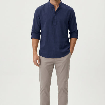 Men's Summer Shirt Linen Breathable Rolled-Up Sleeves