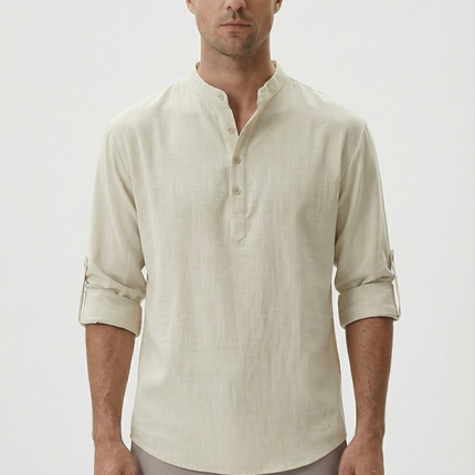 Men's Summer Shirt Linen Breathable Rolled-Up Sleeves