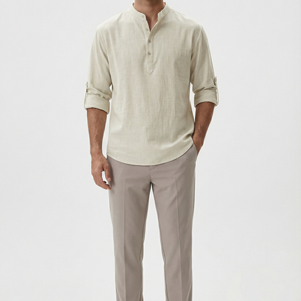 Men's Summer Shirt Linen Breathable Rolled-Up Sleeves