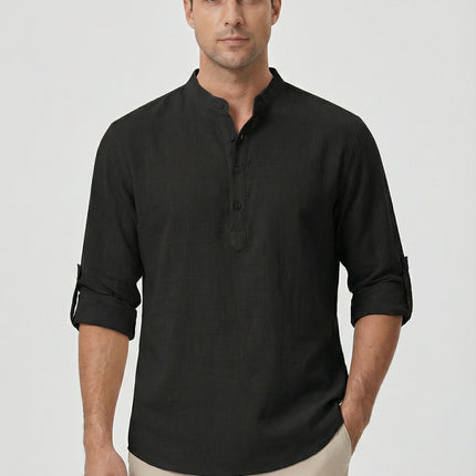 Men's Summer Shirt Linen Breathable Rolled-Up Sleeves