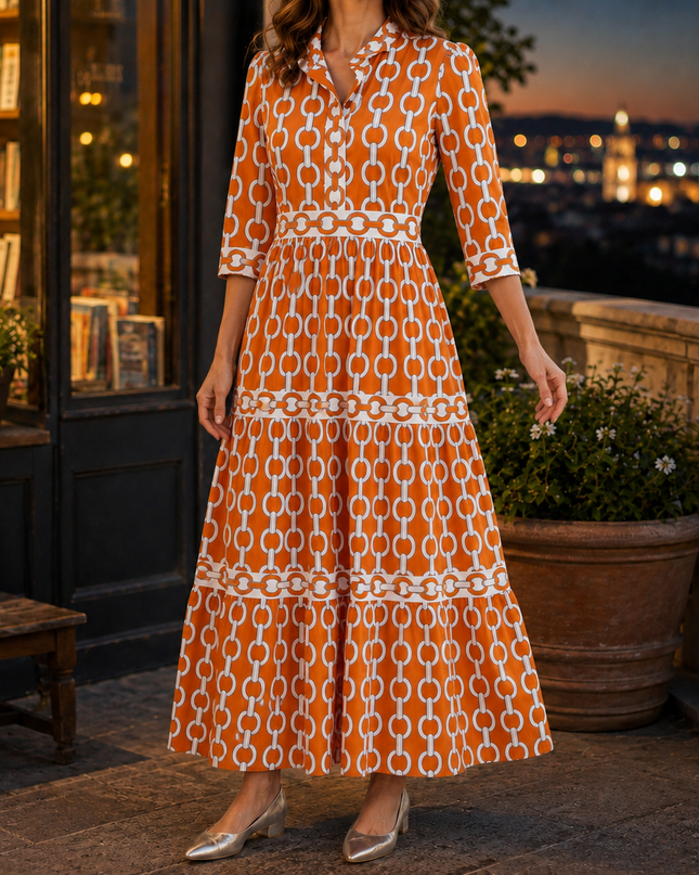 Orelienne | Women's Collared Maxi Dress Tiered Button Front Casual