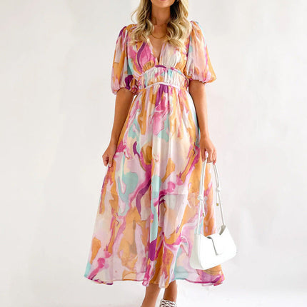Presley | Floral V-Neck Maxi Dress with Puff Sleeves