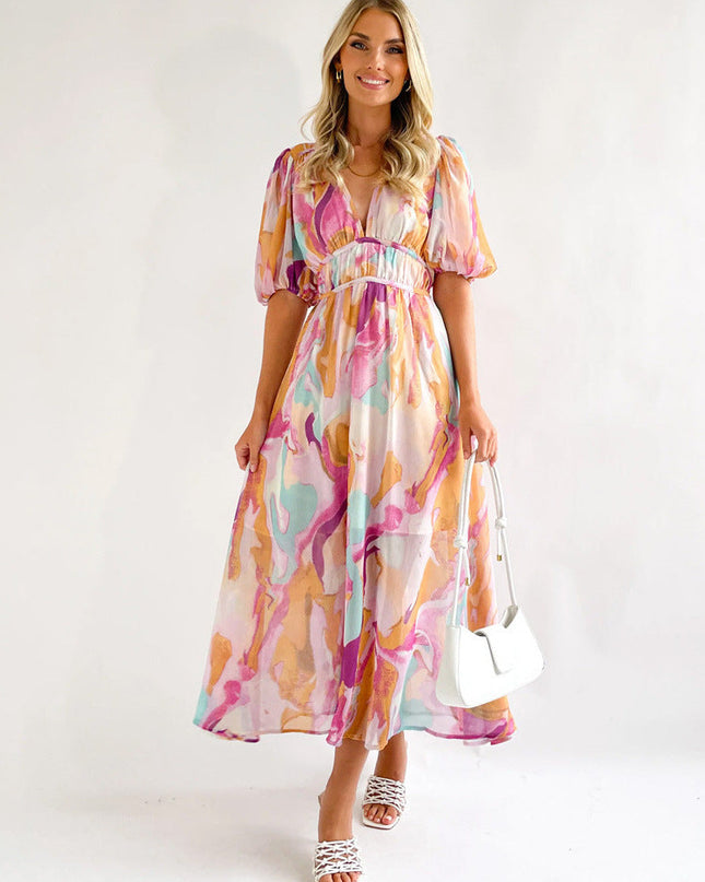 Presley | Floral V-Neck Maxi Dress with Puff Sleeves