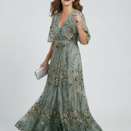 Rosalie | Floral V-Neck Flowing Maxi Dress with Flutter Sleeves