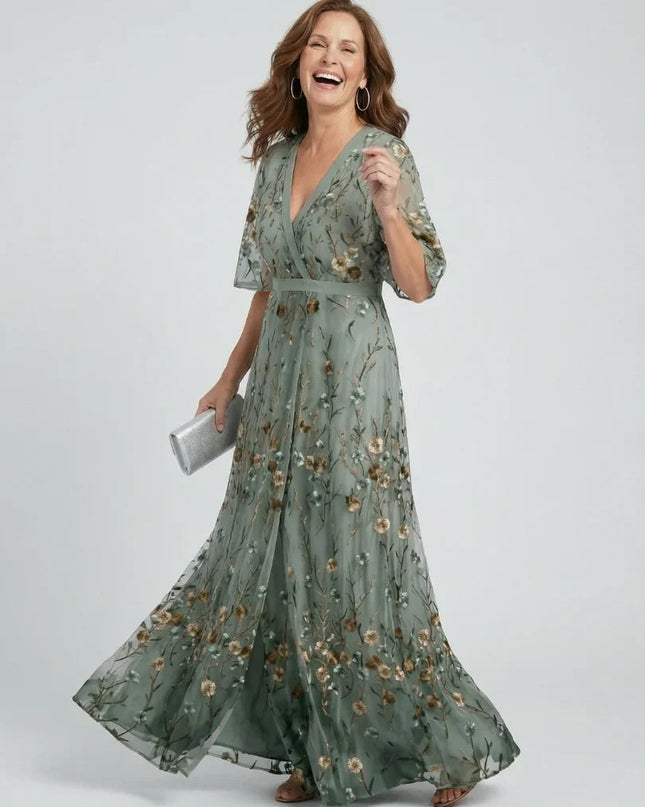 Rosalie | Floral V-Neck Flowing Maxi Dress with Flutter Sleeves