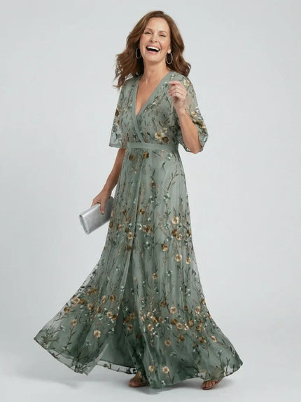 Rosalie | Floral V-Neck Flowing Maxi Dress with Flutter Sleeves