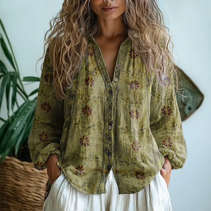 Solenne | Printed Button Detail Long Sleeve Blouse