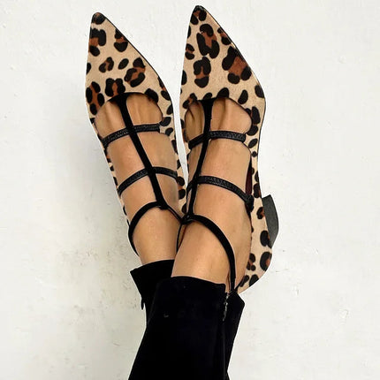 Sophia | Pointed Toe Strap Flats with Leopard Print