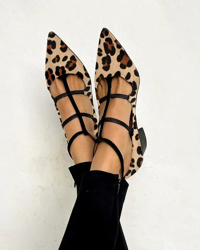 Sophia | Pointed Toe Strap Flats with Leopard Print