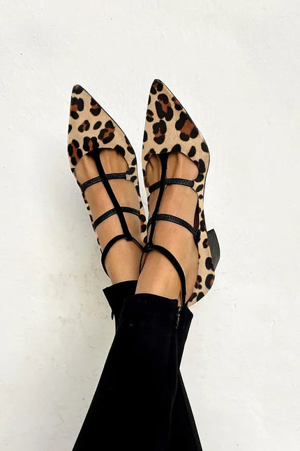 Sophia | Pointed Toe Strap Flats with Leopard Print