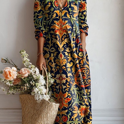 Theodora | Printed V-Neck Boho Midi Dress
