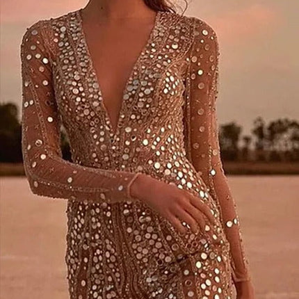 Vivienne | Sequin V-Neck Mini Dress with Sheer Long Sleeves