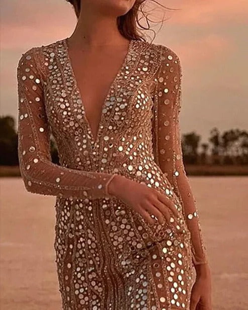 Vivienne | Sequin V-Neck Mini Dress with Sheer Long Sleeves