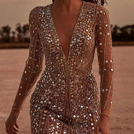 Vivienne | Sequin V-Neck Mini Dress with Sheer Long Sleeves