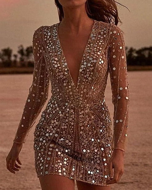 Vivienne | Sequin V-Neck Mini Dress with Sheer Long Sleeves