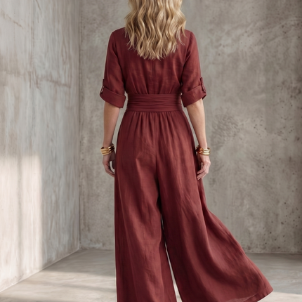 Wanda | Cross Front Wide Leg Jumpsuit with Defined Waist