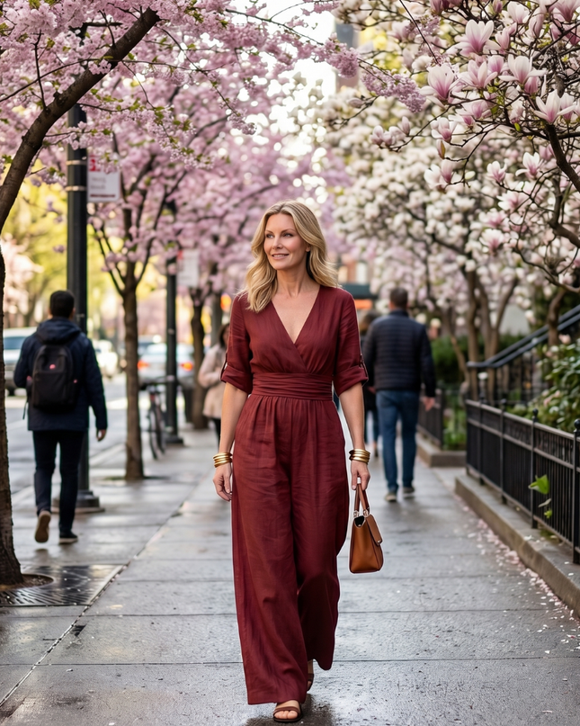 Wanda | Cross Front Wide Leg Jumpsuit with Defined Waist