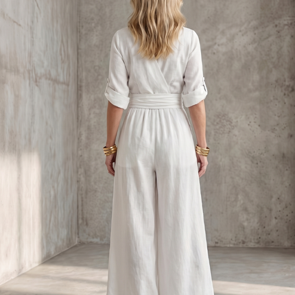 Wanda | Cross Front Wide Leg Jumpsuit with Defined Waist