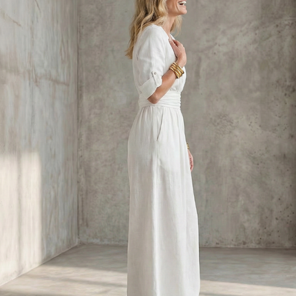 Wanda | Cross Front Wide Leg Jumpsuit with Defined Waist