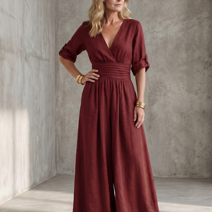Wanda | Cross Front Wide Leg Jumpsuit with Defined Waist