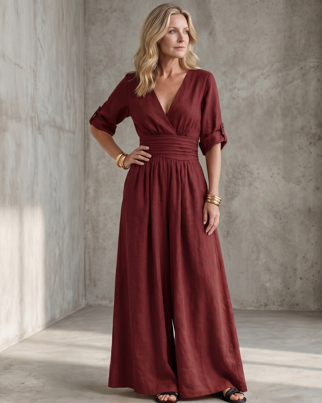 Wanda | Cross Front Wide Leg Jumpsuit with Defined Waist