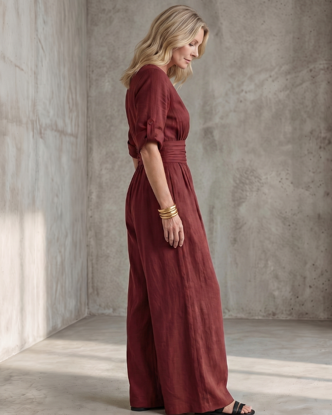 Wanda | Cross Front Wide Leg Jumpsuit with Defined Waist