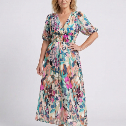 Women’s Abstract Floral Puff Sleeve Maxi Dress