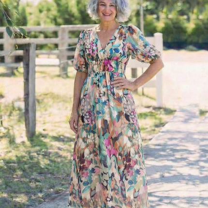 Women’s Abstract Floral Puff Sleeve Maxi Dress