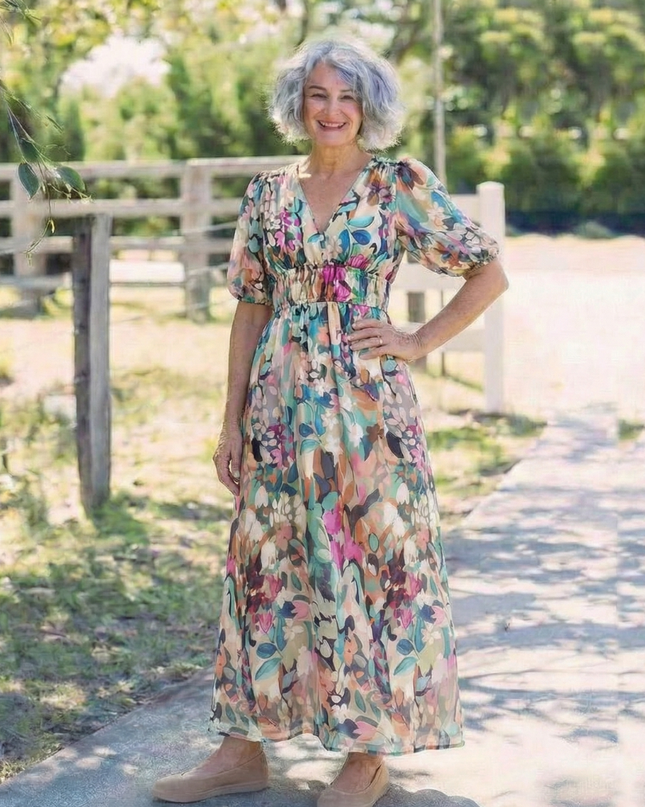 Women’s Abstract Floral Puff Sleeve Maxi Dress