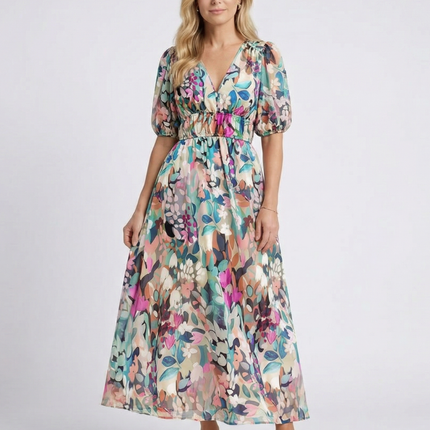 Women’s Abstract Floral Puff Sleeve Maxi Dress