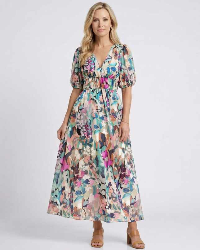 Women’s Abstract Floral Puff Sleeve Maxi Dress