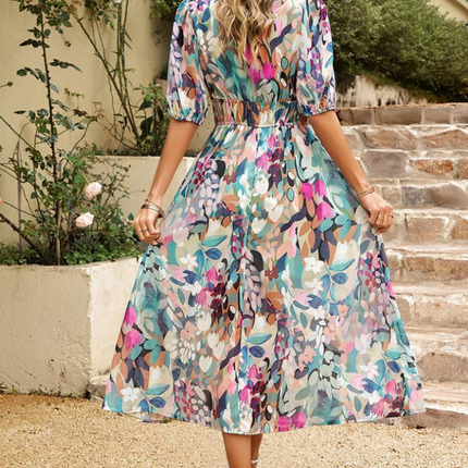 Women’s Abstract Floral Smocked Waist Maxi Dress