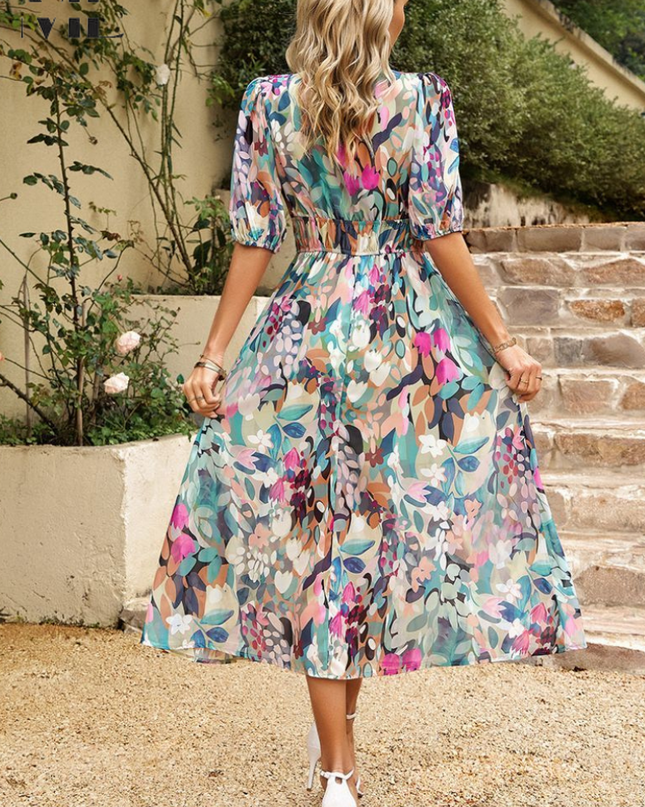 Women’s Abstract Floral Smocked Waist Maxi Dress