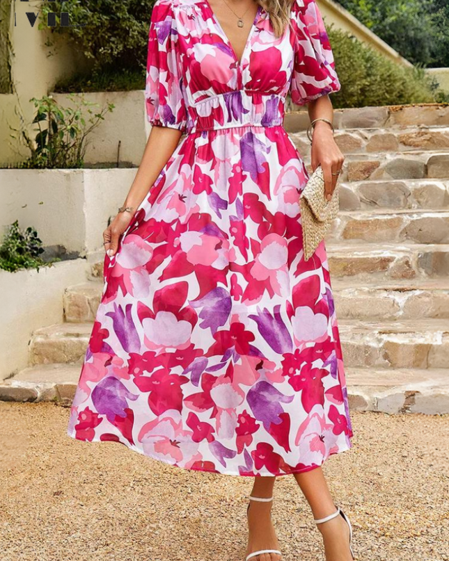 Women’s Abstract Floral Smocked Waist Maxi Dress
