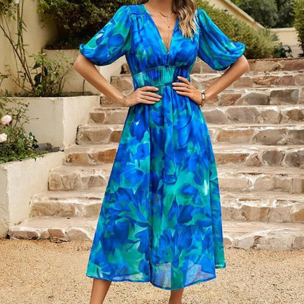 Women’s Abstract Floral Smocked Waist Maxi Dress