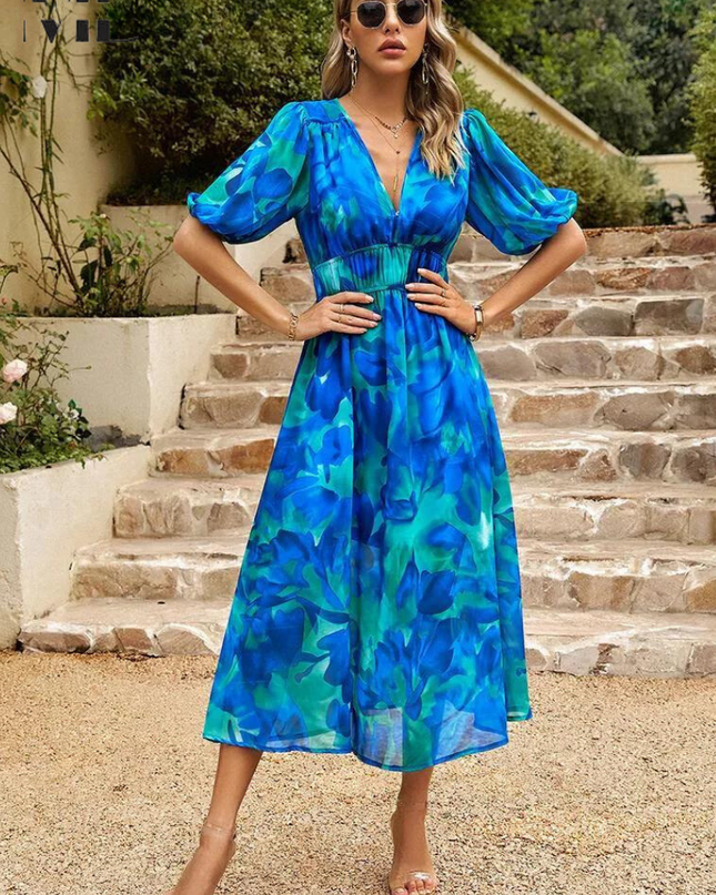 Women’s Abstract Floral Smocked Waist Maxi Dress