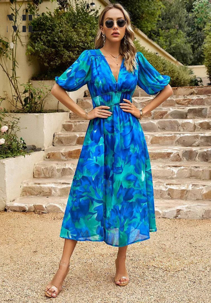 Women’s Abstract Floral Smocked Waist Maxi Dress