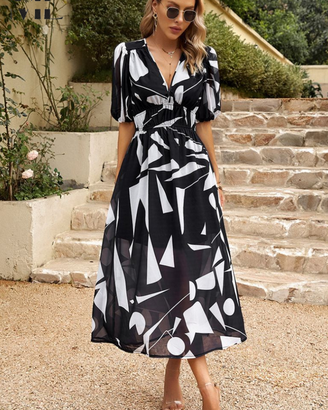 Women’s Abstract Floral Smocked Waist Maxi Dress
