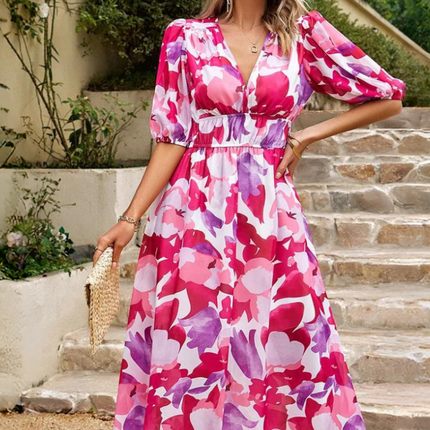 Women’s Abstract Floral Smocked Waist Maxi Dress