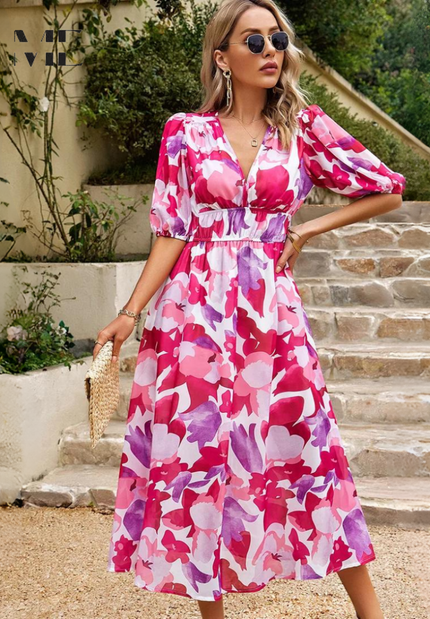 Women’s Abstract Floral Smocked Waist Maxi Dress