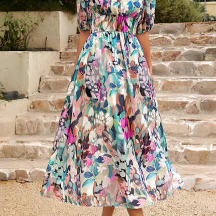 Women’s Abstract Floral Smocked Waist Maxi Dress