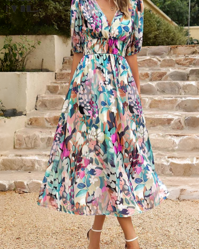 Women’s Abstract Floral Smocked Waist Maxi Dress