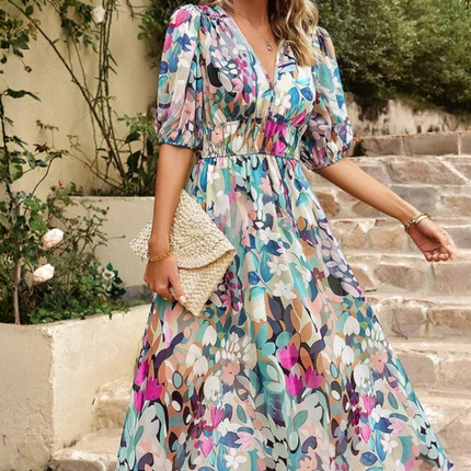 Women’s Abstract Floral Smocked Waist Maxi Dress