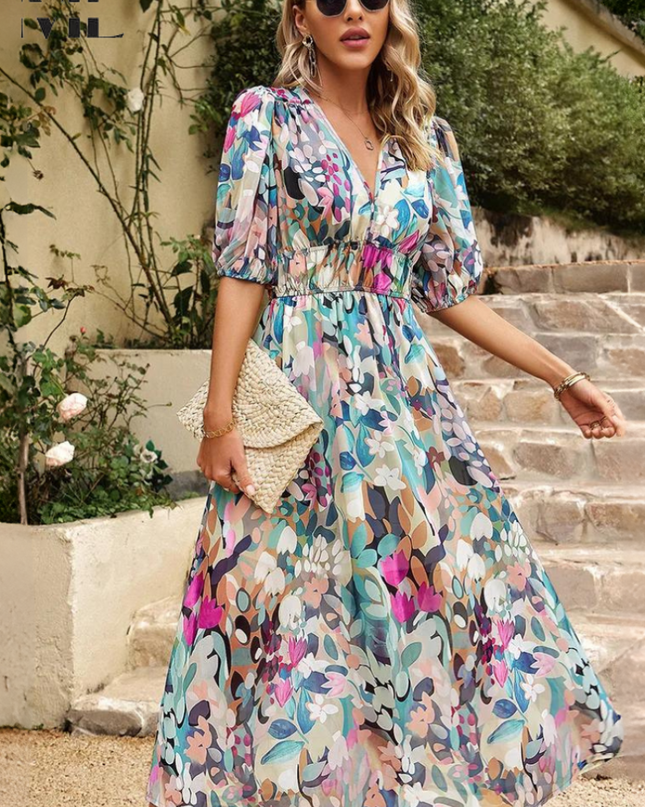 Women’s Abstract Floral Smocked Waist Maxi Dress
