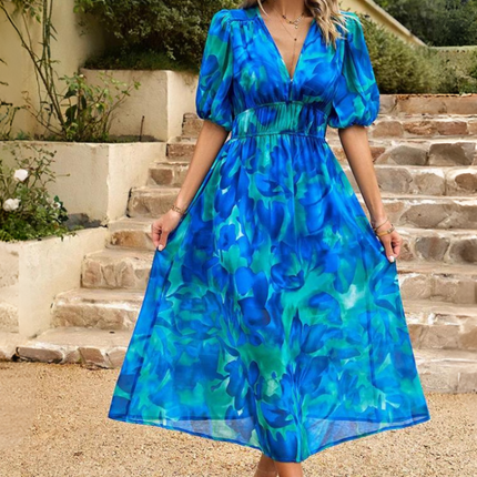 Women’s Abstract Floral Smocked Waist Maxi Dress