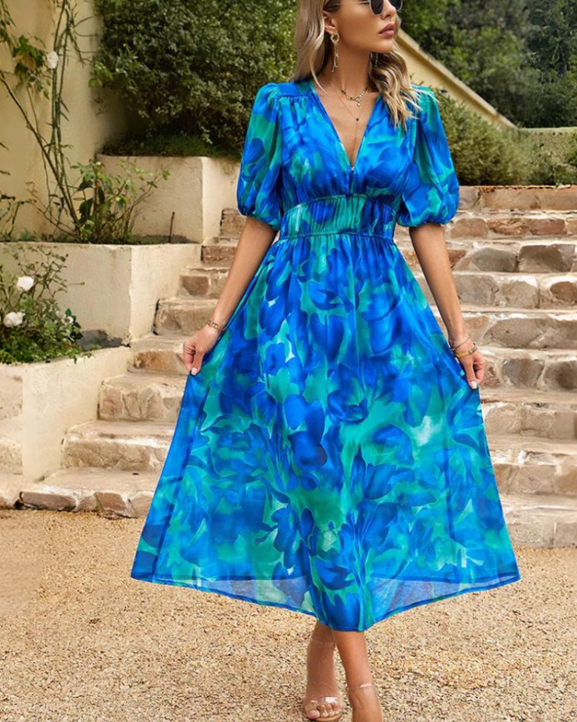 Women’s Abstract Floral Smocked Waist Maxi Dress