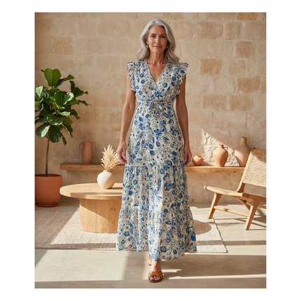 Women’s Blue Blossom Tiered Maxi Dress