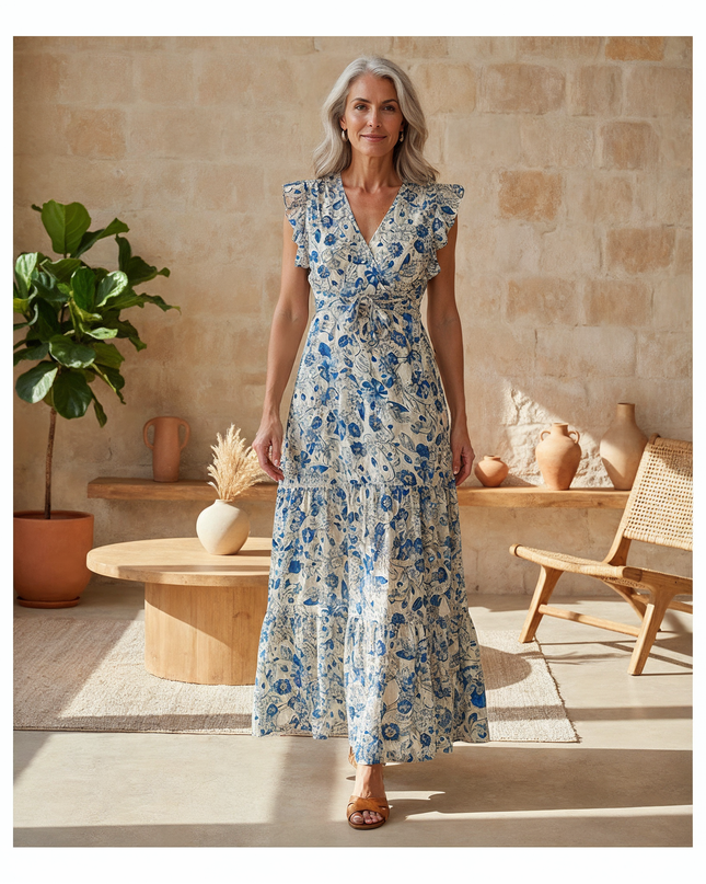 Women’s Blue Blossom Tiered Maxi Dress